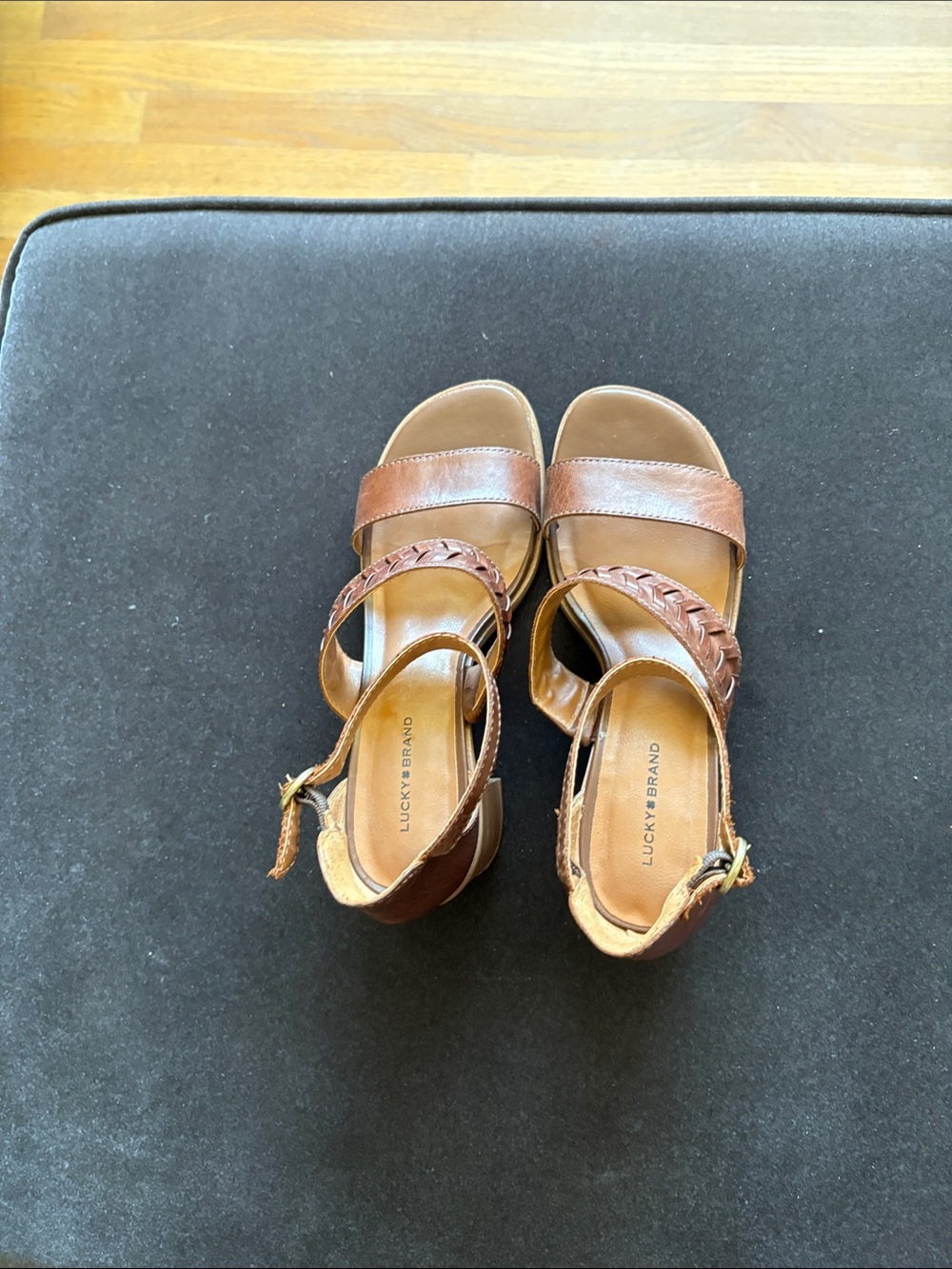 Lucky Brand Cognac Braided Leather Block Heel Sandals - Picture 8 of 9